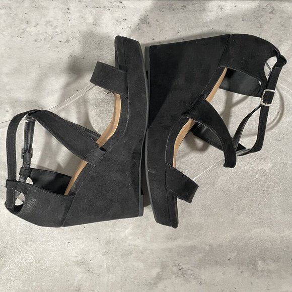Torrid Womens Sz 9.5 Black Open Toe Criss Cross Strappy Wedge High Heels Pumps - Picture 5 of 8